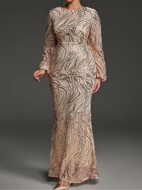 Curveins Plus Size Round Neck Puff Sleeve Striped Sequin Bodycon Maxi Dress 3X